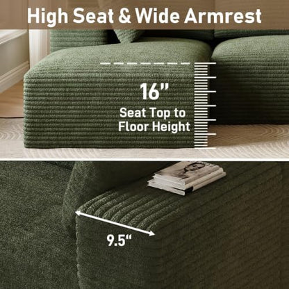 ONEMMLION 96" L-Shaped Cloud Couch Sofa with Chaise, Green | Corduroy Comfy Fluffy Modular Deep Seat Memory Foam Compressed Sectional Sofa for Living Room Oversized Left Facing Chaise