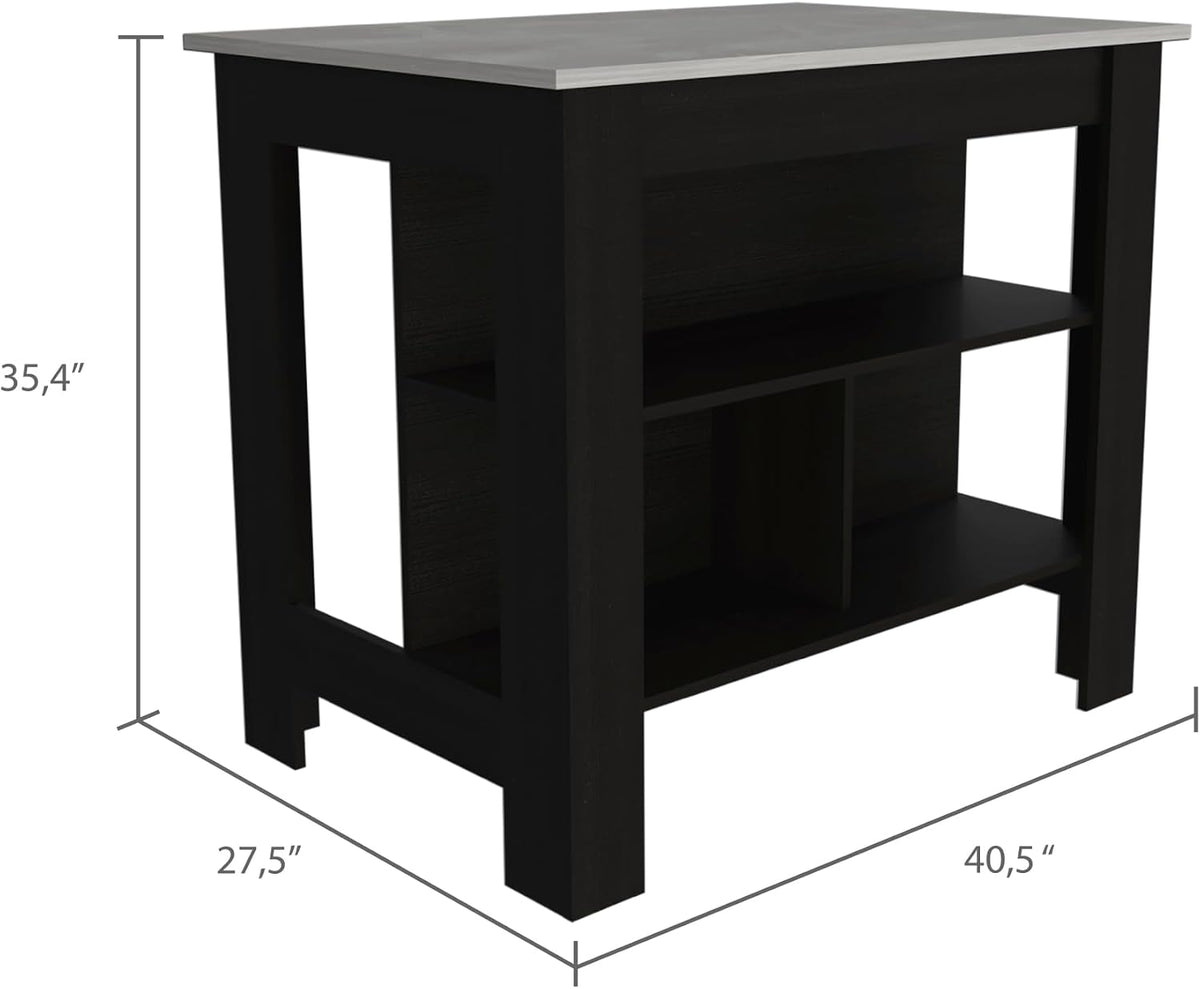 Kitchen Island with Four Legs and Three Shelves - Black/Ibiza Marble | Three shelves and four legs provide functional storage and support