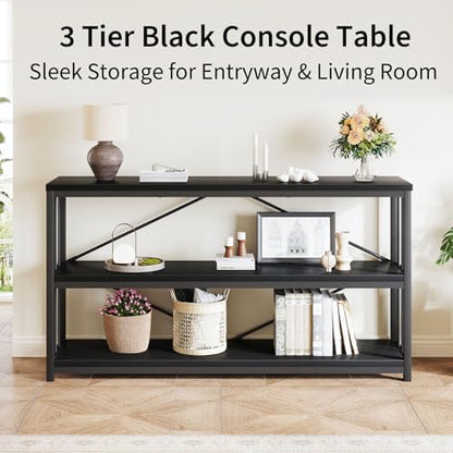 LVB Black Console Table, Modern Entryway Table, Black Oak, 55 in | Industrial Sofa Tables Behind Couch for Hallway Living Room, Farmhouse Wooden Metal Tables with 3-Tier Storage Shelves