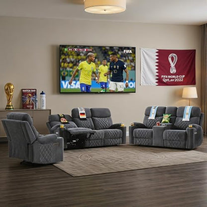 HAOMARKETS 3-Piece Power Recliner Sofa Set with Charging Port, Include Single Recliner Chair, 2-Seater Loveseat Reclining Couch and 3-Seater Reclining Sofa with Cup Holders for Living Room, Dark Grey
