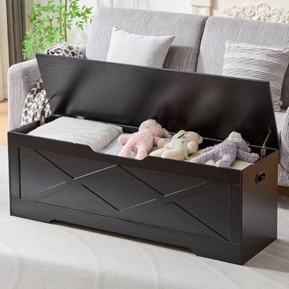 55.1" Storage Bench,Storage Chest for Entryway, Mudroom & Bedroom | 55.1L”x15.7W”x19.1H” Wooden Storage Bench,Storage Trunk with 2 Safety Hinges,Supports 220 lb,Easy Assembly( Black)