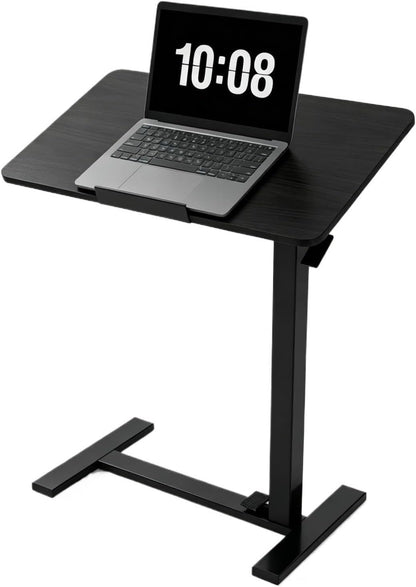 Adjustable Overbed Table with Gas Spring Tilting Desktop, Pneumatic Height Adjustment, H-Base Frame and Hidden Swivel Casters(Dual-sideflip-Black)