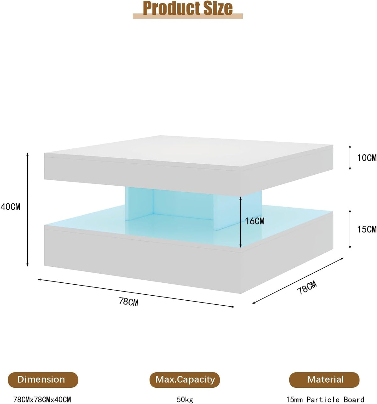 HedoAjim White LED Coffee Table for Living Room, 2-Tier Square Center Table Living Room Table, Modern High Glossy Contemporary Wood Coffee Tables with Storage, Suitable for Dining Reception