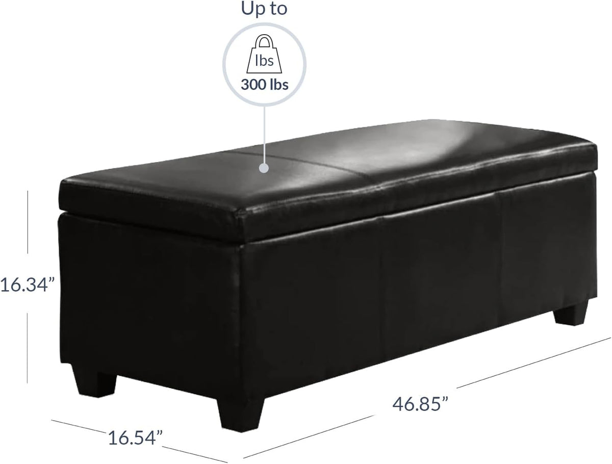 BELLEZE Storage Faux Leather Ottoman, 47 Inch Bench Bedroom Bench with Safety Close Hinge, Extra Long Ottoman with Storage for Living Room, Entryway, Hallway, Foot Rest, Support 300lbs - Black