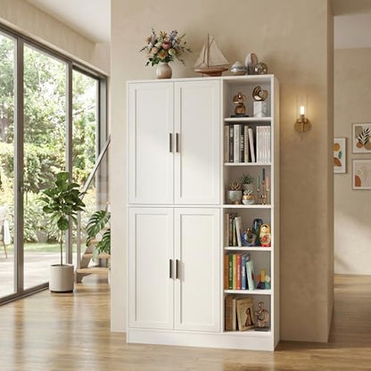 holzart 63" Tall Kitchen Pantry Cabinet, Freestanding Dining Room Storage Hutch with 4 Doors and Adjustable Shelves, Modern Utility Cupboard for Coffee Bar and Microwave, White