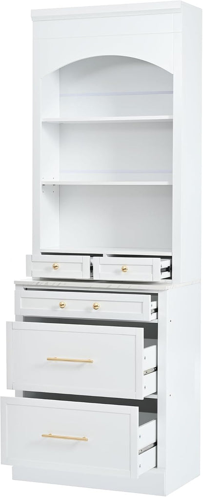 High Kitchen Pantry, Freestanding Tall Kitchen Hutch with Faux Marble Top,Cupboard Cabinet with 5 Storage Drawers and Adjustable Shelf, Set of 2 (White, 2 Pantry)
