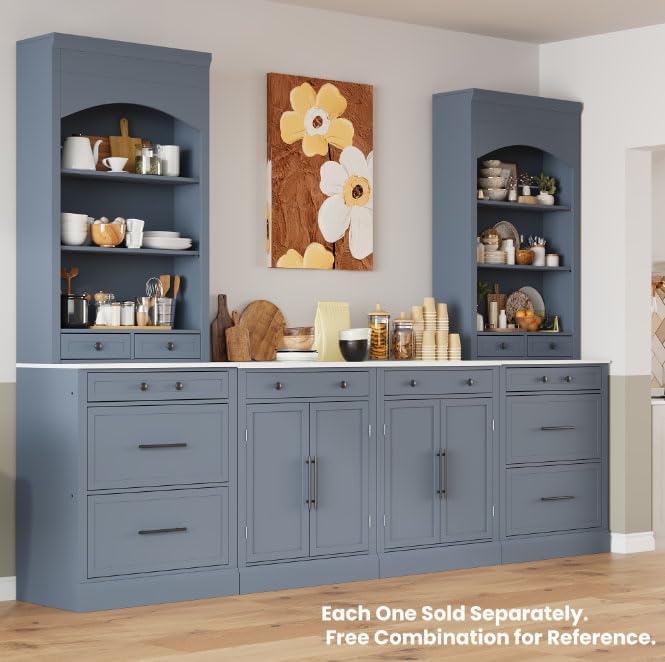 TOPMAX Modern 83.7inch High Kitchen Pantry, Freestanding Tall Kitchen Hutch with Faux Marble Top, Display Cupboard Cabinet with 5 Storage Drawers and Adjustable Shelf (Gray, 1 PCS)