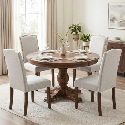 Upholstered Dining Chair Set of 4, Farmhouse Fabric Kitchen Chair | Modern, Padded Seat, Solid Wood Legs, High Back, Nailhead Trim, Living Room, Restaurant, Hotel, Grey