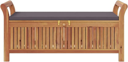 Garden Storage Bench with Dark Grey Cushion, Solid Acacia Wood Outdoor Storage Seat for Patio Balcony and Terrace, 2-Seater Wooden Deck Bench with Under-Seat Storage, Brown Finish