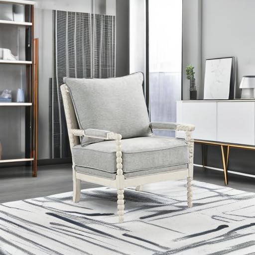 OSP Home Furnishings Kaylee Spindle Accent Chair with Antique White Wood Frame, Smoke Grey Fabric