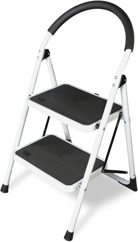 Big RED 2 Step Ladder: Ergonomic Folding Stool with Anti-Slip Pedal, Step Stool with Padded Handle for Kitchen, Household, Offices. 400 lb Capacity