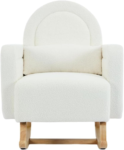 Accent Rocking Chair with Pillow, Ultimate Comfort for Your Home, Teddy Velvet, Cream White (Cream White + Teddy + Rubberwood-1)