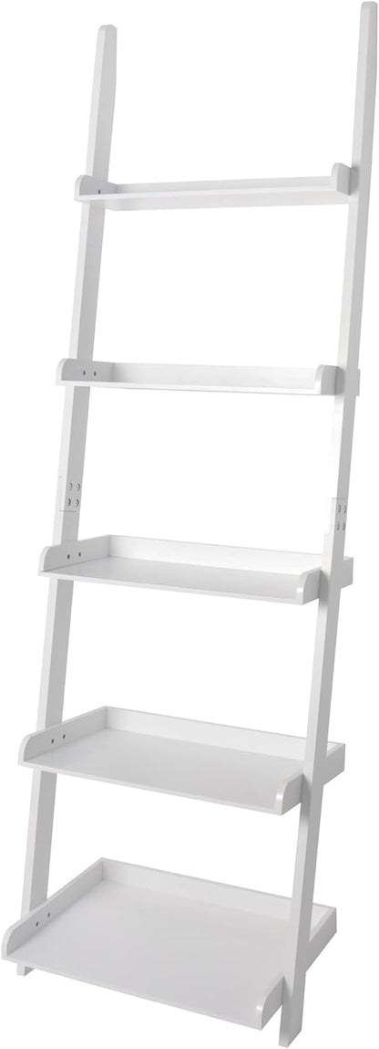 eHemco Modern 5 Tier Wall-Leaning Ladder Bookshelf Organizer, Storage Rack, 70 Inches, White