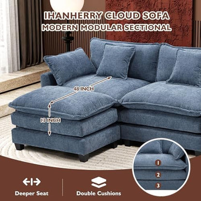 Ihanherry 111.4" U Shaped Modern Sofa Modular Sectional Cloud Couch with 2 Ottoman, 5-Seat Chenille Deep Seat Sofa with Pillow for Living Room, Bedroom and Apartment, Blue
