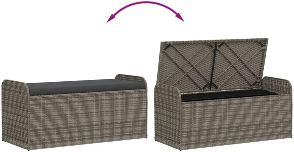 Grey PE Rattan Storage Bench with Hidden Compartment, Powder-Coated Steel Frame, Polyester Cushion for Patio Garden