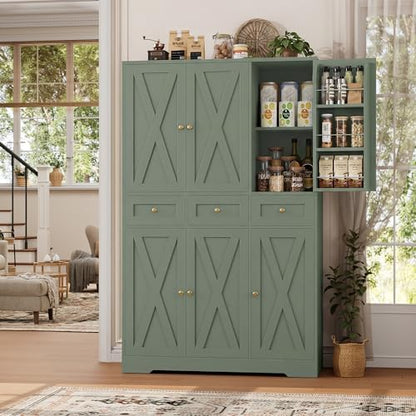 HOSTACK 67"H Farmhouse Kitchen Pantry Storage Cabinet with 3 Drawers, Green | Large Food Pantry Cabinet with Swing-Out Door Rack & Adjustable Shelf for Kitchen, Dining room, Living room