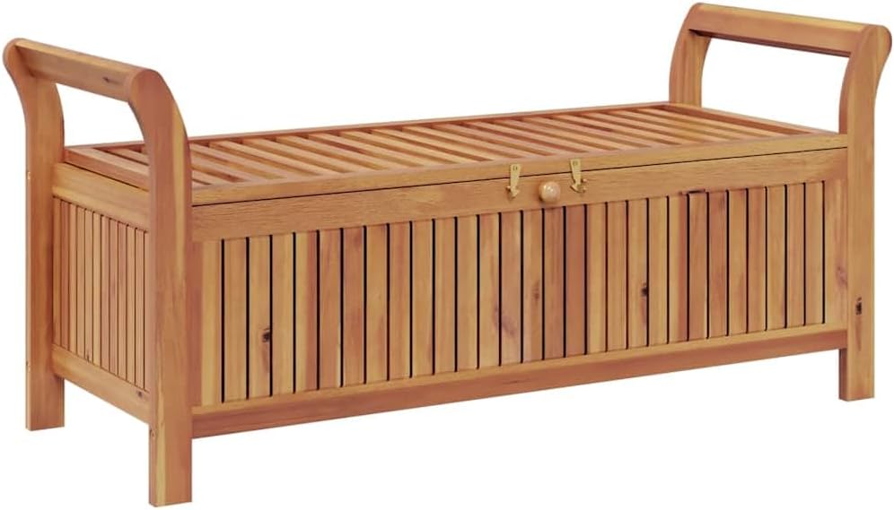 Solid Acacia Wood Garden Storage Bench with Cream White Cushion, 49.6 Inch Outdoor Bench with Storage for 2 People, Patio Seat with Lid and Polyester Cushion