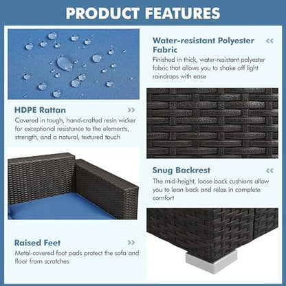 Yaheetech 3-Seat Patio Wicker Sofa, Outdoor Rattan Couch with Furniture Cover, Deep Seat High Back with Cushions & Throw Pillows for Deck/Porch/Balcony/Yard, Brown/Dark Blue