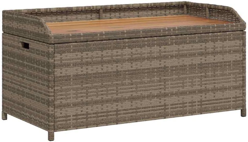 Poly Rattan Storage Bench with Gas Spring Lid, Grey Brown Acacia Wood Seat, Water-Resistant Outdoor Patio Organizer for Cushions and Tools