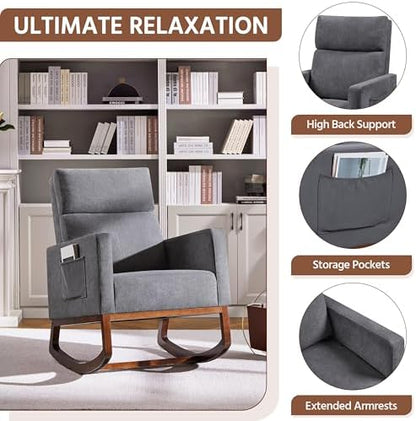 Yaheetech 28in Wide Padded High Back Glider Rocking Chair, Gray Polyester | High Back Nursing Chair with Side Pockets, Thick Foam Glider Chair, Rubberwood Base, Leisure Rocker for Living Room Bedroom