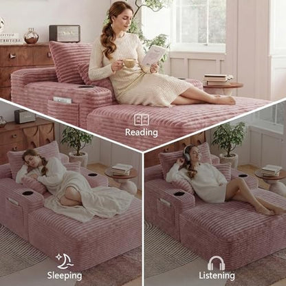 65" Oversized Chaise Lounge Chair Indoor, Chaise Lounge Chair with Cup Holders Side Pockets 3 Pillows, Cloud Corduroy Chaise Sofa Bed Sleeper Couches for Living Room No Assembly Require,Pink