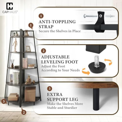 CAPHAUS 4-Tier Corner Shelf Stand, Tall Display Shelves, Ladder Corner Wood Storage Plant Bookshelf with Metal Frame, Versatile Shelving Unit Bookcase for Home Office Space, Dark Grey