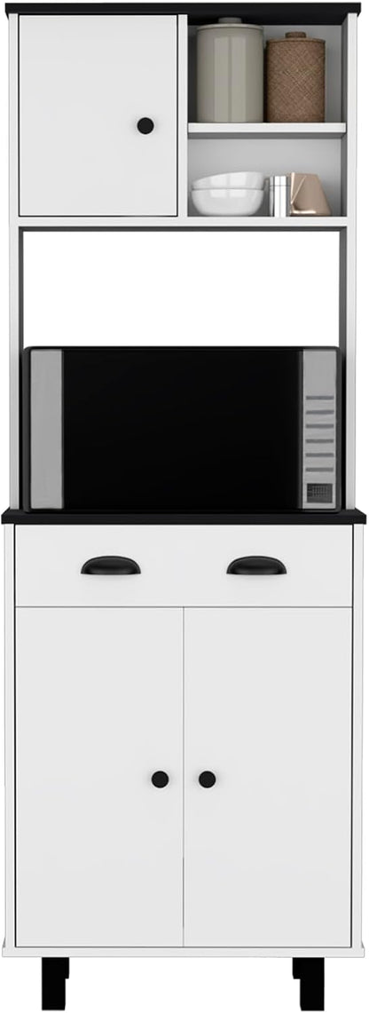 Waco 67" H Kitchen Pantry with Two Cabinets, Two Open Shelves, and One Drawer,White/Black