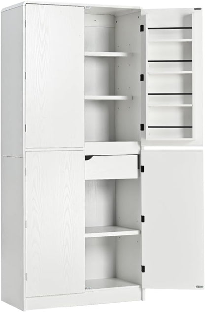 72" Tall Farmhouse Kitchen Pantry Cabinet, Curved Storage Cabinet with 3 Adjustable Shelves, 8 Door Shelves & Hidden Drawer for Kitchen Dining Bathroom (White)