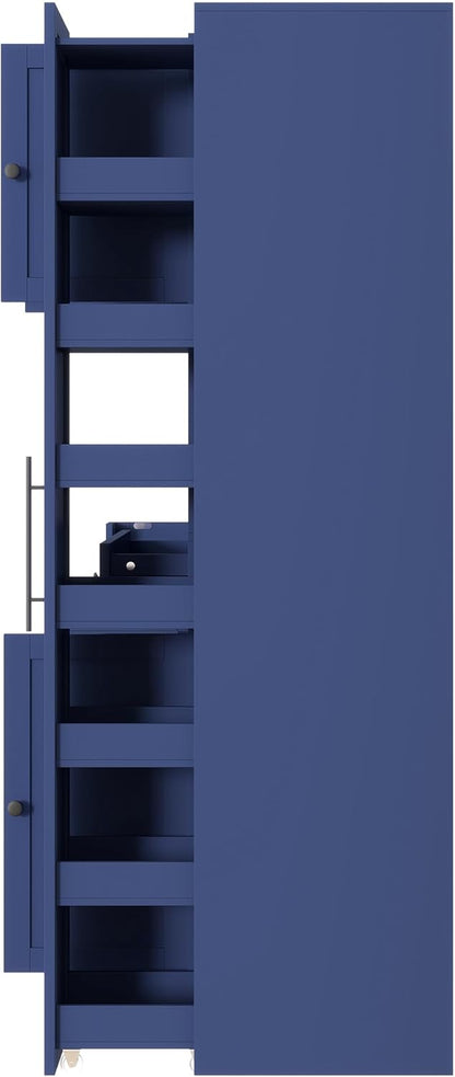 LUMISOL 70" Farmhouse Kitchen Pantry Storage Cabinet with Pull-Out Shelf, Wood Hutch Cabinet with Door Shelves and Drawer, Freestanding Food Hutch with Microwave Stand, Blue