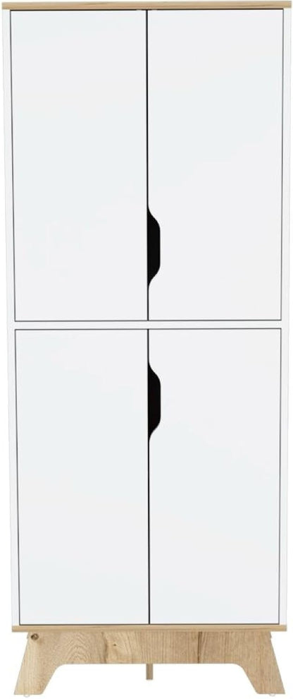 Pamplona Double Kitchen Pantry, Double Door, Four Legs, Four Shelves -Light Oak/White