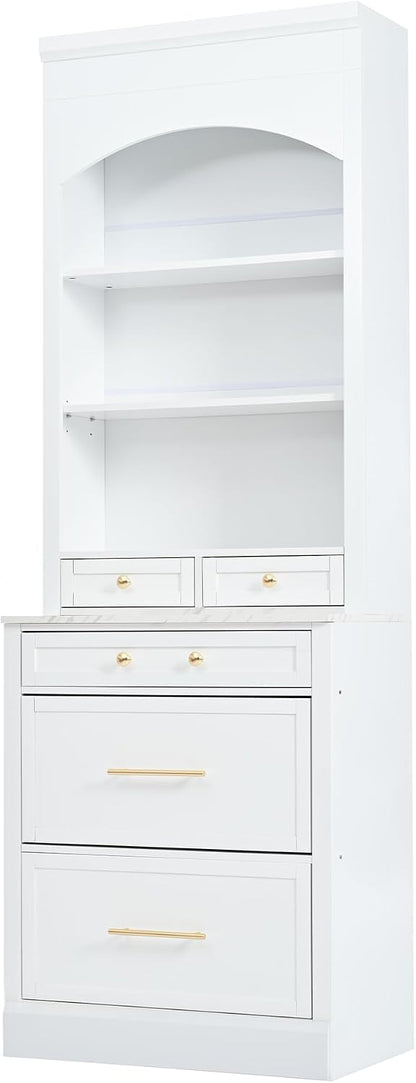 84'' Tall Kitchen Pantry, Storage Cabinet with 5 Storage Drawers and Adjustable Shelf, Anti-Tip Safety, Faux Marble Top Display Cupboard for Kitchen, Dining Room, Living Room, White