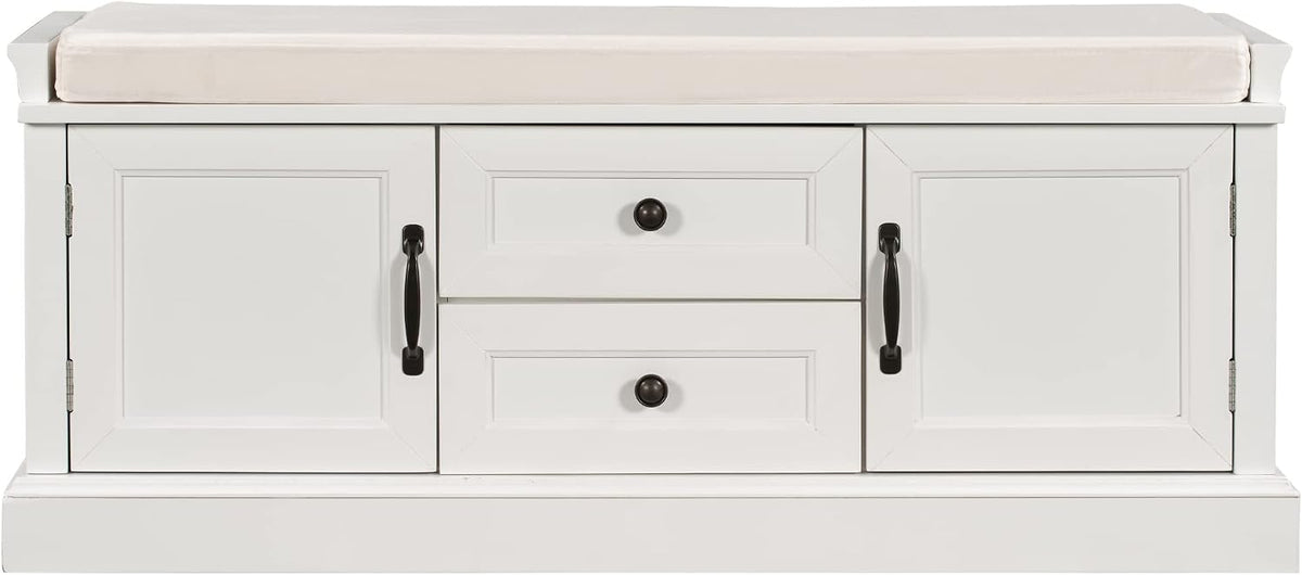 GDFStudio Jasd 42.50" Storage Bench with 2 Drawers and 2 Cabinets, Shoe Bench with Removable Cushion, Solid Wood Frame Storage Ottoman, Rectangular Cabinet Shoe Seat for Living Room Entryway, White