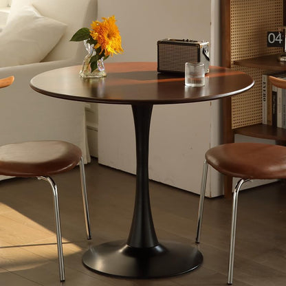 24" Round Cafe Table, Tulip Table for 2-3 Persons, Mid-Century Modern Style Round Wooden Top with Steel Sturdy Base for Living Room Balcony Kitchen Leisure (Walnut)