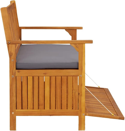 Patio Storage Bench with Cushion, 47.2 inch Outdoor Garden Seating, Solid Acacia Wood Furniture for Backyard, Porch, Deck, Gray