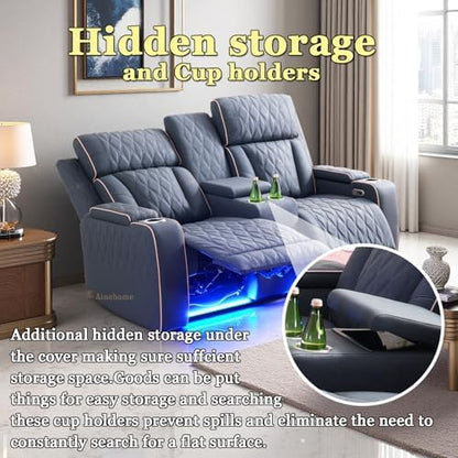 A Ainehome Sanded Leather Power Recliner Sofa Set with LED, 3 Pieces Living Room Furniture Sets, Blue Gray Reclining Sofa Sectional Couches for Living Room with USB Port/Storage Console/Cup Holders