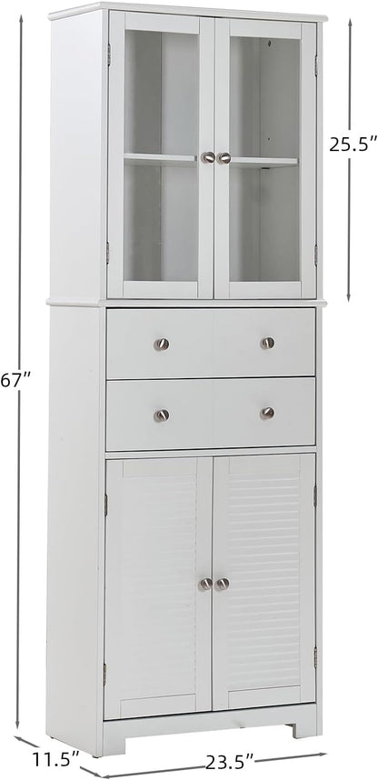 67" Tall Kitchen Pantry Cabinet with Glass Doors and Adjustable Shelves,Freestanding Kitchen Pantry Storage Cabinet with Drawer,Large Food Cupboard for Bathroom,Craft Room,Laundry Room