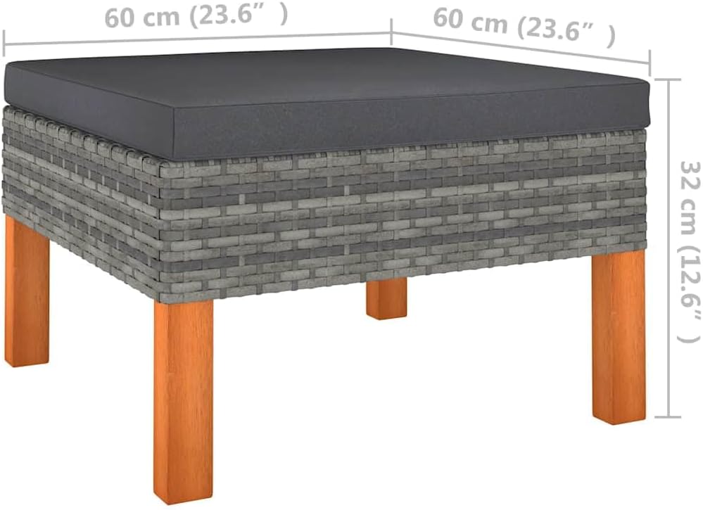 Poly Rattan Footstool with Solid Eucalyptus Wood Legs, PE Rattan Outdoor Indoor Footstool with Removable Washable Cushion, Powder-Coated Steel Frame Garden Footrest for Relaxing