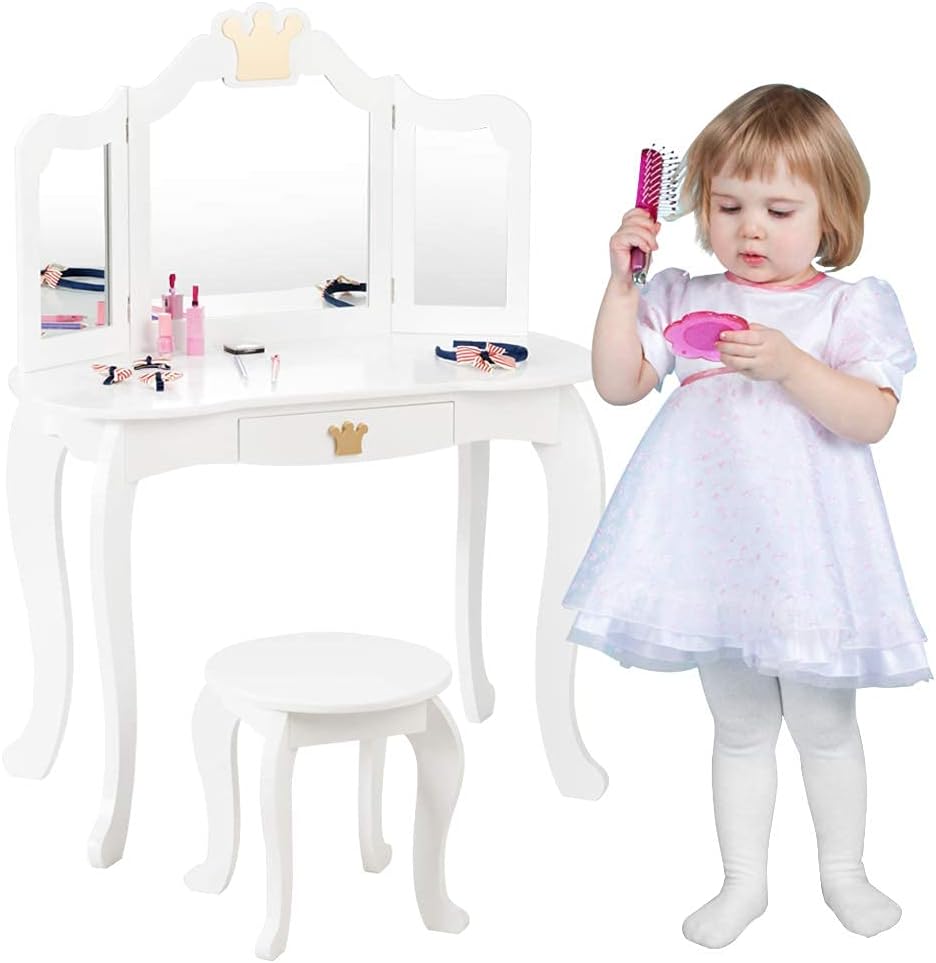 HONEY JOY Kids Vanity, Crown Themed Toddler Dressing Makeup Table and Chair Set w/Drawer & Tri-Folding Mirror, Detachable Mirror, Princess Pretend Play Girls Vanity Set with Mirror and Stool(White)
