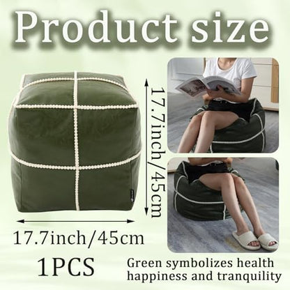 Louis Donné 18 Inch Square Unstuffed Pouf Ottoman Cover, Waterproof Faux Leather Moroccan Boho Footstool, Easy Clean Green Storage Foot Rest Decor for Living Room (Cover Only, No Filler)