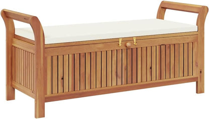 Outdoor Storage Bench with Cream Cushion, 50 Inch Solid Acacia Wood Garden Seating for Backyard, Patio, Deck, Porch, Deck Box with Storage Space