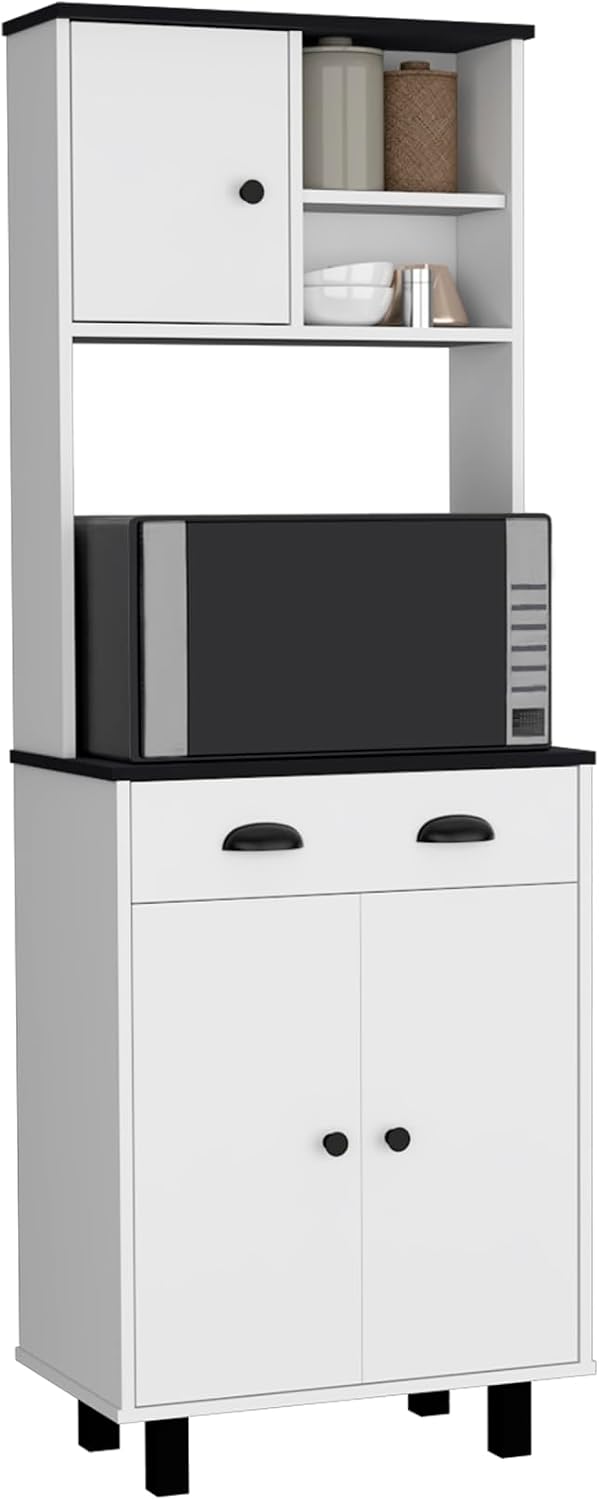 Waco 67" H Kitchen Pantry with Two Cabinets, Two Open Shelves, and One Drawer,White/Black