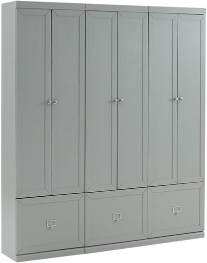 Pemberly Row Modern Wood/Metal Pantry Closets, 74" H x 66" W x 12.5" D, Distressed Gray Finish, Set of 3 Modular Cabinets with Adjustable Shelves, Drawers, Hooks, Traditional or Farmhouse Style