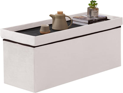 BRIAN & DANY 43 Inches Folding Storage Ottoman Bench, Velvet Ottoman with Storage for Living Room, Bedroom, Entryway, Ottoman Foot Rest, End of Bed Bench (White)