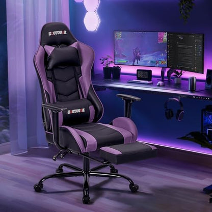 ECOTOUGE Violet Ergonomic PC Massage Gaming Chair with Footrest | Reclining Racing PU Leather, Swivel Rocker, Headrest, Lumbar Pillow, Office Desk Chair, Adjustable Height, Sturdy Base