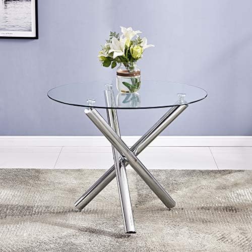 36" Luxury Silver Glass Dining Room Table Set for 4, 5-Piece Round Kitchen Dining Table Set with Cross Metal Legs and 4 Beige Velvet Upholstered Chairs, Glass Kitchen Table and Chairs Set