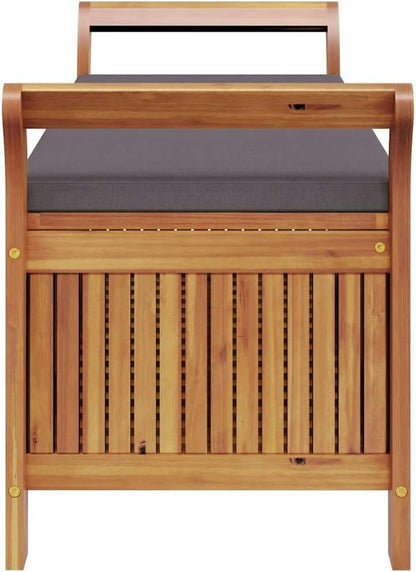 Acacia Wood Outdoor Storage Bench with Cushion, 49.6" Patio Storage Bench with Curved Arms, Garden Seat for Pillows and Blankets