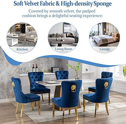 Dining Chairs Set of 6, High-end Back Lion Head Ring with Rhomboid Pattern | Elegant Button Tufting, Add Luxury to Dining Room, Bedroom, or Living Space, Durable Easy-clean Blue Velvet, Gold Legs