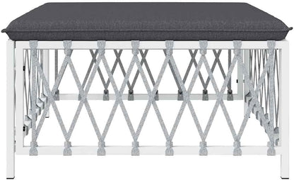 Patio Footstool with Cushion, White Woven Fabric Ottoman, Powder-Coated Steel Frame, Thickly Padded Seat for Garden Relaxation