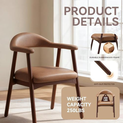 MALOL Leather Dining Chair with Armrest Set of 6, Upholstered Dining Room Chair with Curved Back and Wood Legs, Mid Century Modern Kitchen Chairs for Kitchen Dining Room