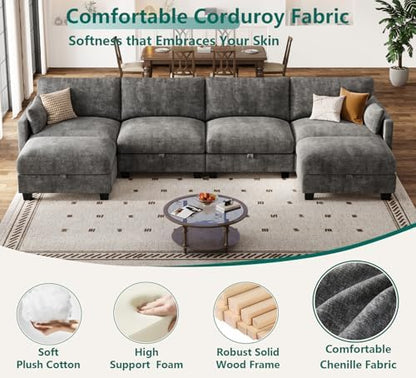 Modular Sectional Sofa, 132" U Shaped Couch with Storage, Chenille | High Resilience Foam, 22" Seat Depth, Movable Ottoman, Comfy Chenille, Easy Assembly, Dark Gray